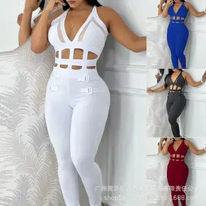 2024 New White Waist Hollow Strap Neck Tight Jumpsuit Fashion Trend Sleeveless Spring And Autumn Solid Color Womenswear Overalls