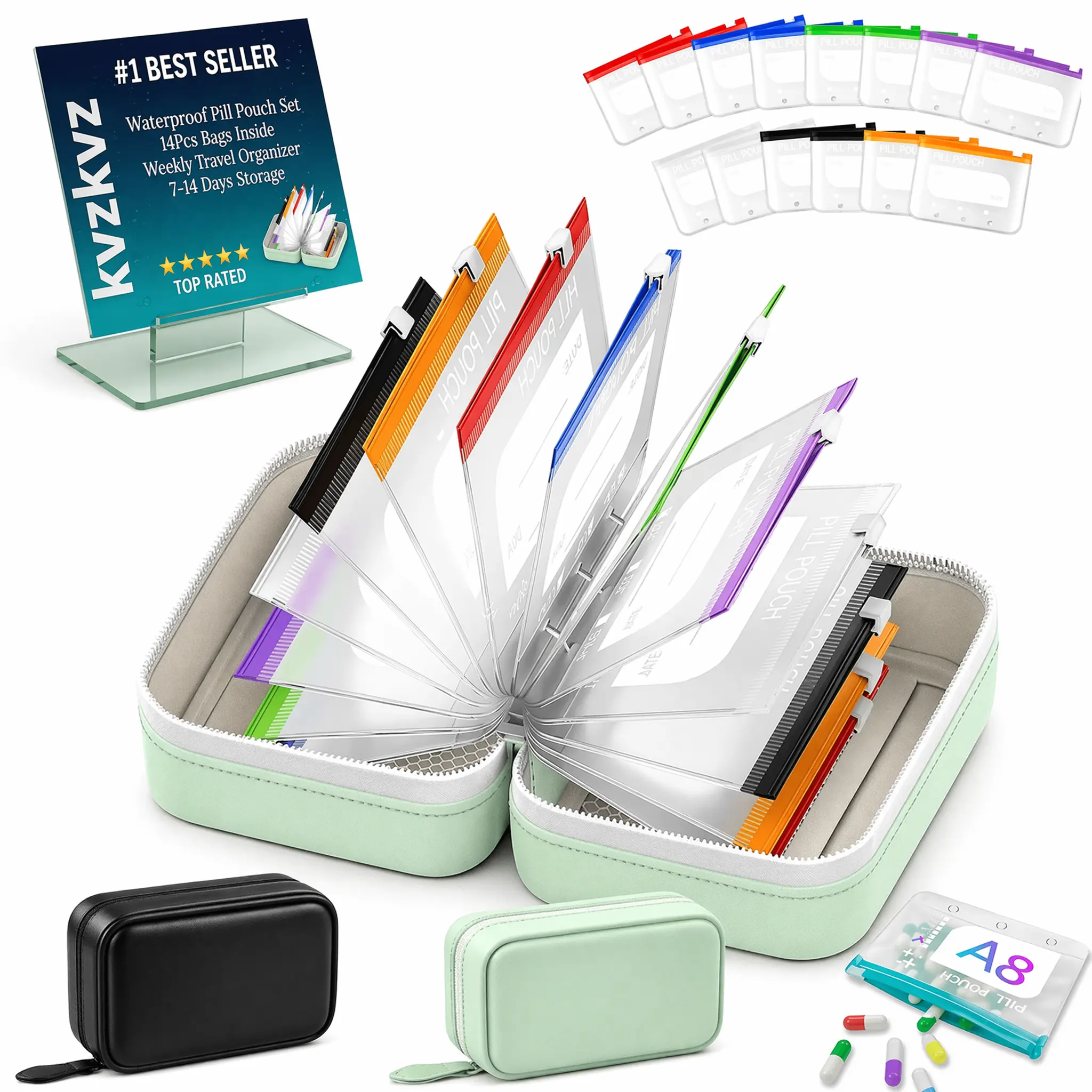 A8 Waterproof Pill Pouch Set, 14 Color-Coded Reusable Medicine Pouches, Large Weekly Pill Organizer for Vitamins, Fish Oils & Supplements, Zippered Travel Pill Storage Bag by dealsforyou