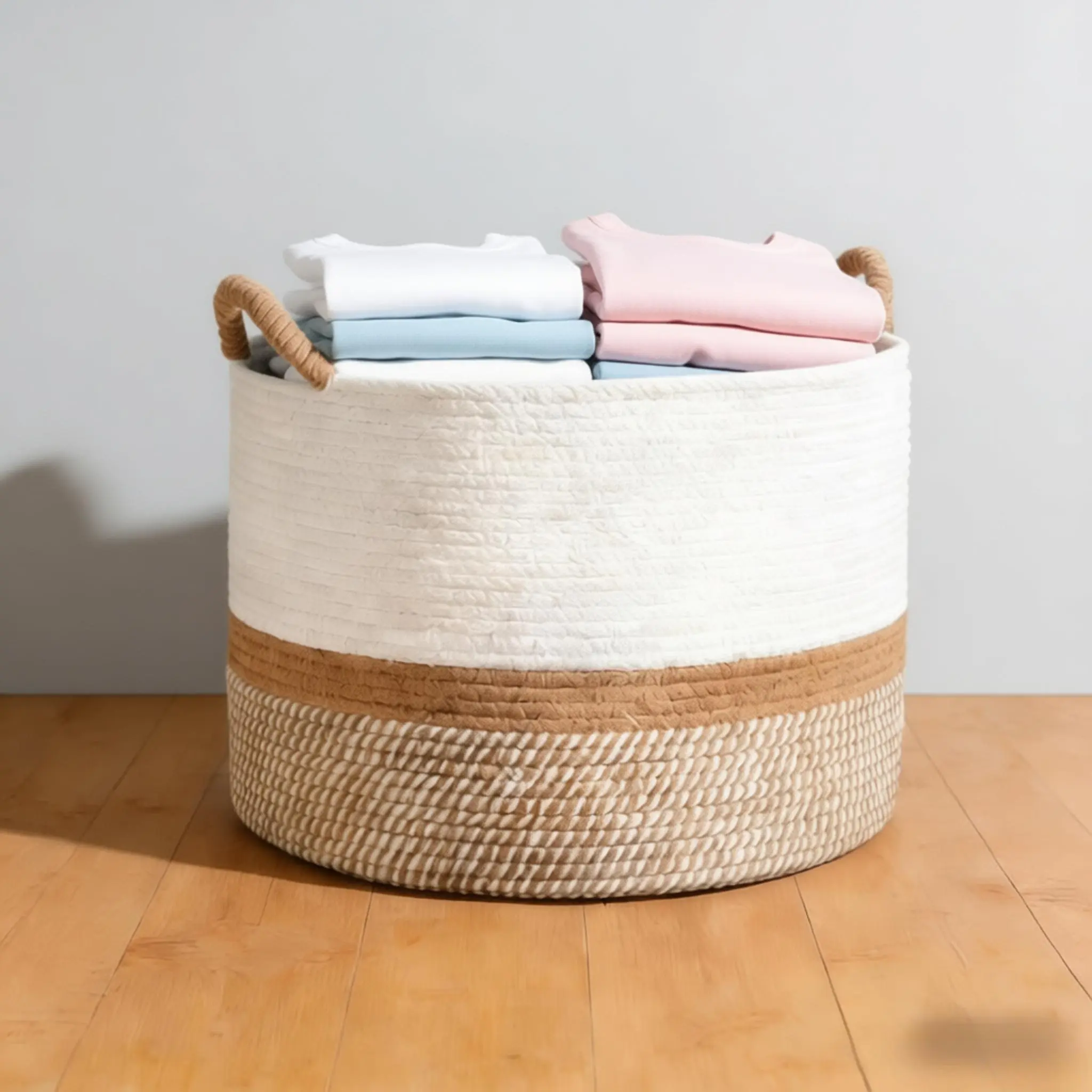 Eco-Friendly Natural Cotton Rope Storage Basket - Collapsible Clothes Organiser, Dual-Function Minimalist Decor for Home Organization, Kid Room Use