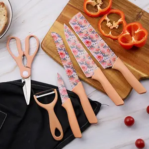 6-Piece Ultra-Thin Blade Kitchen Knife Set, High-CarbonStainless Steel Blades with Ergonomic Handle, Beautiful JasmineFloral Print | Chef Knife, Bread Knife, Shears & Peeler Included |Perfect Cooking Gift for Foodies & Home Cooks