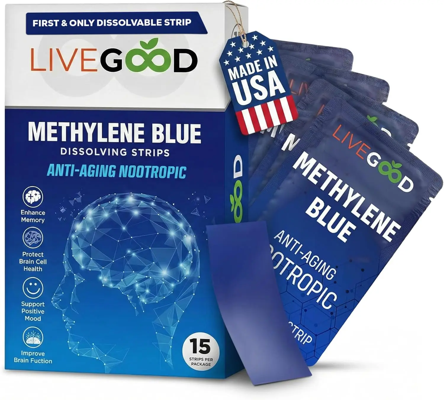 Methylene Blue Supplement for Mental Clarity and Memory – High Purity Pharmaceutical Grade Methylene Blue Strips – Fast-Acting Nootropic Brain Support – Mint Flavor, 15 Count (20mg per Strip) Daily Use Healthcare