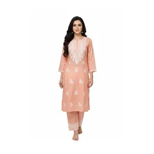 #LKH-6  Peach Chikankari-Style Embroidered Kurta with Palazzo & Dupatta – Festive Ethnic Set