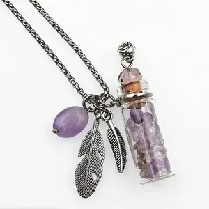 Crystal gravel bottle pendant with metal feather chain, can be added with perfume and aromatherapy essential oil for long-lasting fragrance, as a gift choice, for ladies, birthday gift