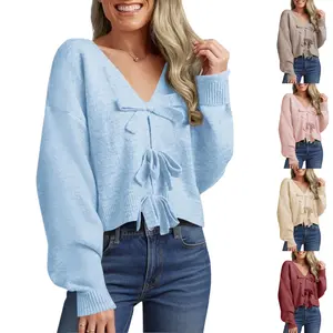 Lannew Womens Bow Sweater Cropped V Neck Long Sleeve Fall Cozy Knit Loose Trendy Crop Pullover Tops