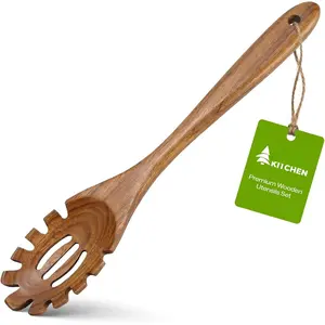 Wooden Pasta Spoon with , Teak  Spaghetti Server with  Hole, Non-Stick Safe Wooden Pasta Fork for Kitchen