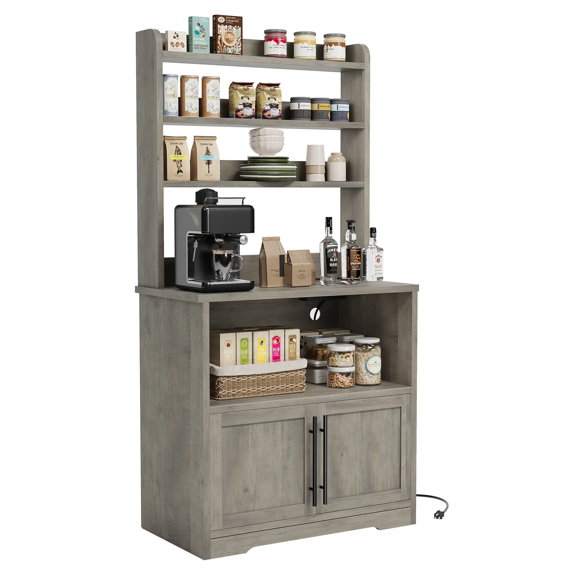 Spacious Freestanding Bakers Rack Cabinet with Power Outlet – Thickened Countertop, Large Storage, Easy Assembly, Ideal for Dining Room or Kitchen, White & Pear Wood