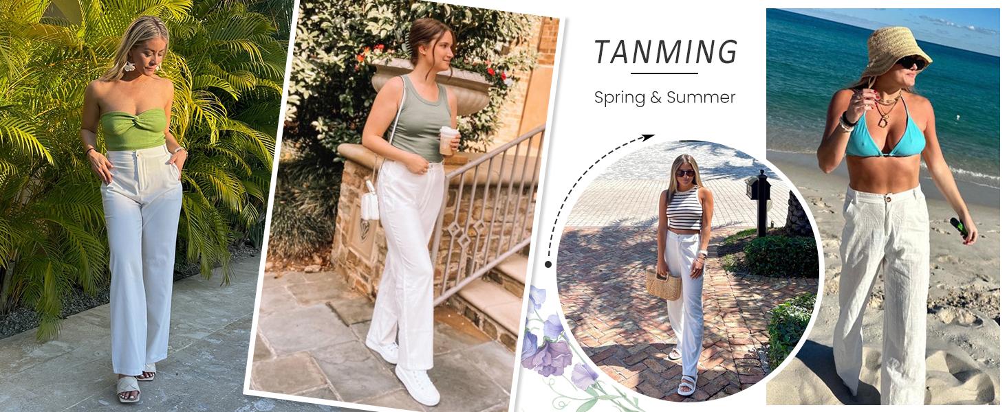 Tanming Women's Cotton Linen Bottoms - High-Waisted, Wide-Leg, Button-Up Pants, Minimalist Basic Breathable Fabric, Casual Loose Comfy Summer Beach Trousers Tanming Women's Cotton Linen Bottoms - High-Waisted, Wide-Leg, Button-Up Pants, Minimalist Basic Breathable Fabric, Casual Loose Comfy Summer Beach Trousers