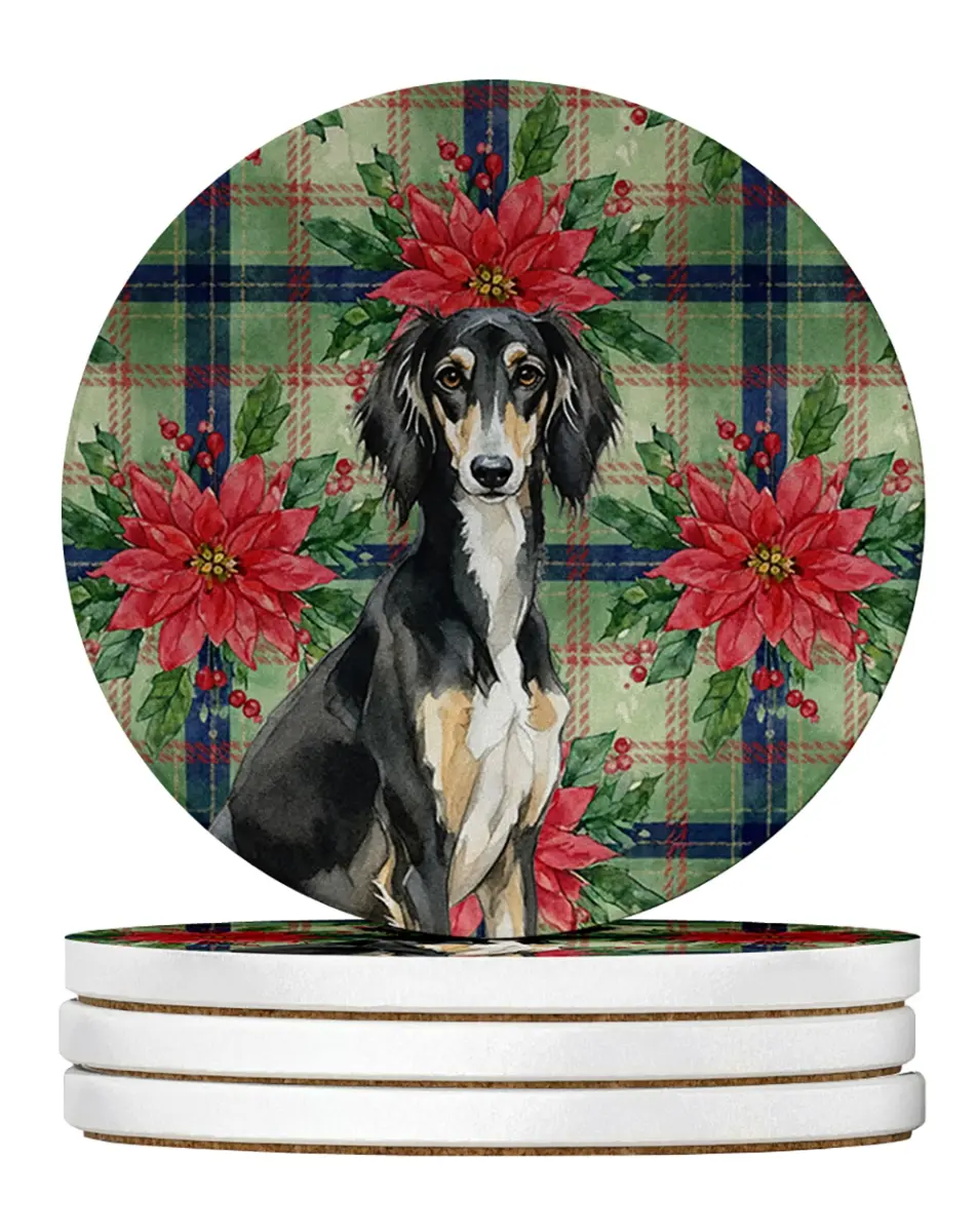Carolines Treasures WDK8794RCS4 4 x 4 in. Black & Tan Saluki Christmas Poinsettias Large Sandstone Coasters, Pack of 4