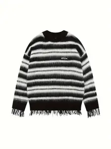 Men's American Retro Style Striped Pattern Fringe Hem Drop Shoulder Sweater, Loose Casual Comfy Long Sleeve Round Neck Jumper for Fall & Winter, Fashion Men's Knitwear for Daily Wear, Drop Shoulder Pullover