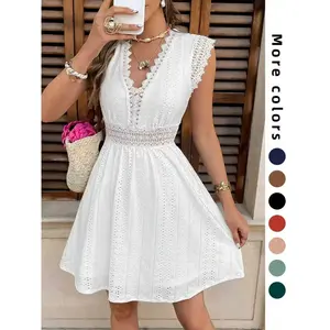 Women’s Simple Solid Color Hollow-Out Jagged-Edge Short-Sleeve Casual Dress, Summer Dresses for Women, Stylish and Comfortable