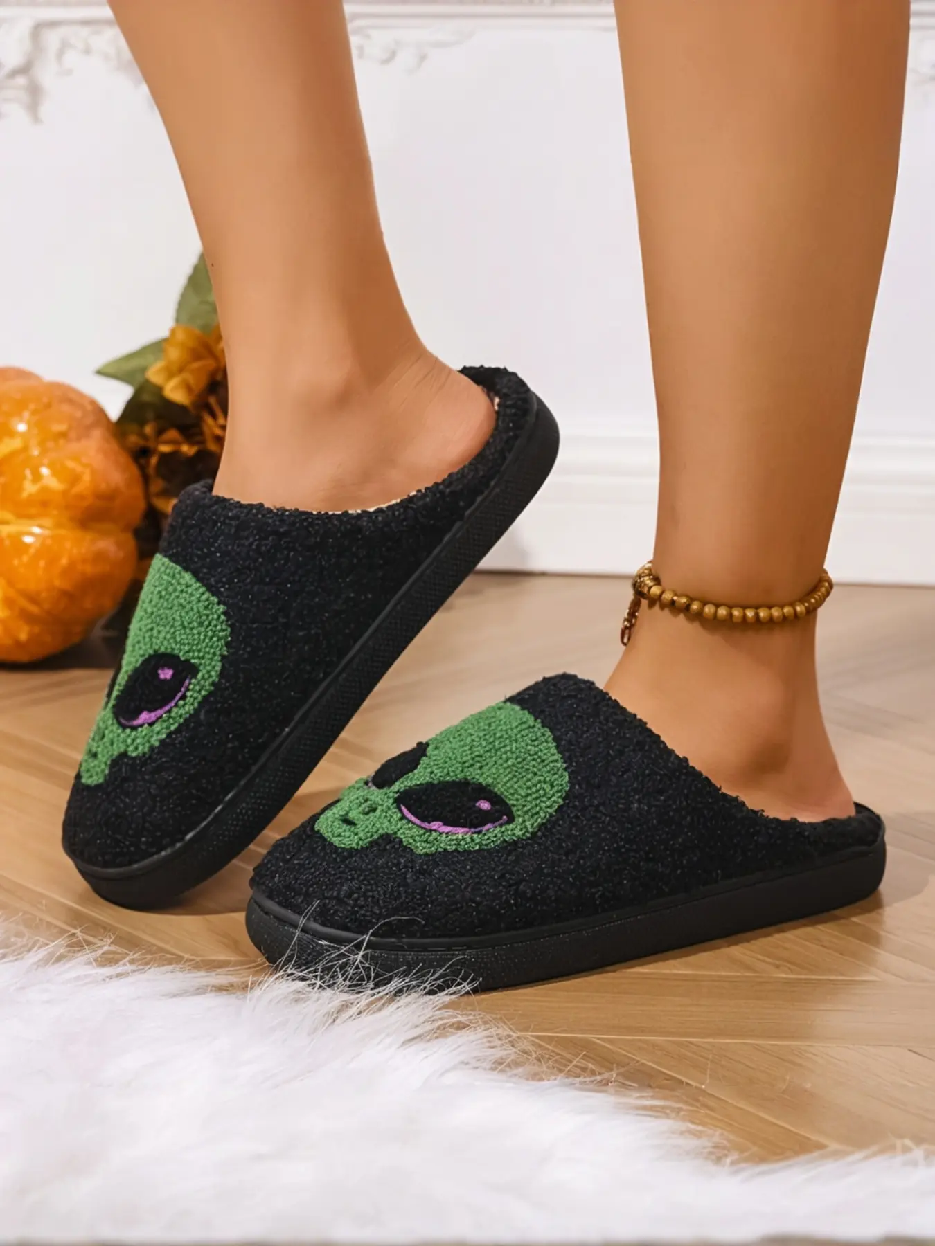 Women's Halloween Embroidered Slippers, Soft Sole Non-Slip Warm Indoor Shoes, Cartoon Design, Medium Width, Winter Footwear