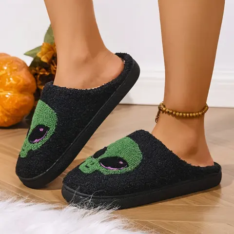 Women's Halloween Embroidered Slippers, Soft Sole Non-Slip Warm Indoor Shoes, Cartoon Design, Medium Width, Winter Footwear, Home Indoor Slippers