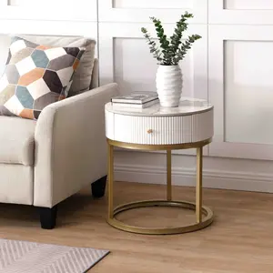 Modern Marble Nightstand with Drawer, Gold Metal Frame Bedside Table, Sintered Stone Top Accent End Table for Bedroom or Living Room, Beige White Side Tables with Storage