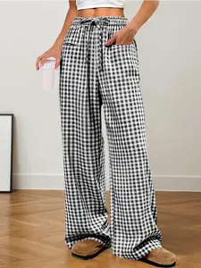 Women's Striped Plaid Pants Spring Summer Sleepwear Style Loungewear Drawstring Wide Leg Casual Long Pants with Pockets Home Wear
