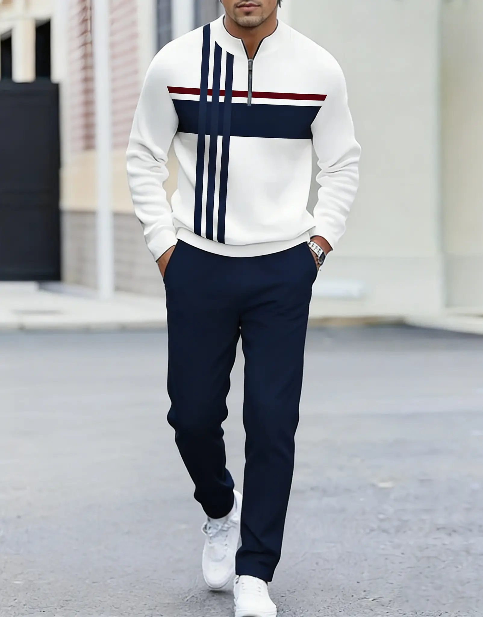 Men's Fashion Casual Zipper Stand Collar Long Sleeve Hoodie & Pants Set in Light Blue with White Stripes and Navy Blue Bottoms Men's Fashion Casual Zipper Stand Collar Long Sleeve Hoodie & Pants Set in Light Blue with White Stripes and Navy Blue Bottoms