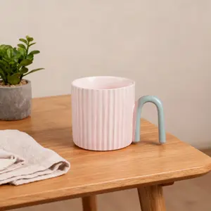 18 oz Two Tone Ridge Arch Handle Ceramic Mug Pink & Grey Contemporary Design Washable Reusable High Quality Ceramic