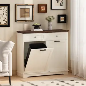 20 Gallon Double Tilt Out Trash Can Cabinet Freestanding Trash Bin Cabinet Wood Garbage Recycling Cabinet with Hideaway Drawer Pet Proof Trash Can Holder for Kitchen Living Room, Antique White