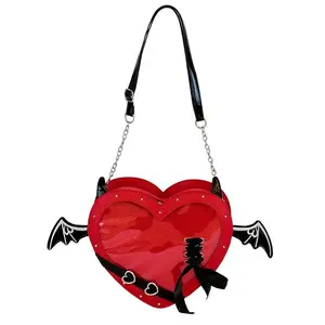 FAURALA Red Heart Devil Ita Bag - Gothic PU Crossbody for Anime Pins & Merch Display | Bat Wings, Lace-Up Detail, Heart Buckles | Trendy Y2K, E-Girl, Alt Fashion Aesthetic (Pins & Plush NOT Included)