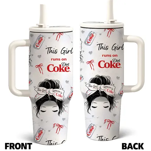 1 Pc Mikenda 40-Oz Stainless Steel Funny Quote Tumbler with Handle and Straw, "This Girl Runs on Diet Coke" Funny Design, Double-Wall Vacuum Insulated Mug, Insulated Drinkware, Keeps Hot 12H Cold 24H, Kitchen Must-Haves, Gift for Women Mom Birthday