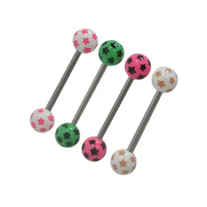Surgical Steel Tongue Ring Straight Barbell 14 Gauge With Star Ball