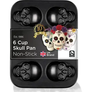 Large Skull Baking Pan - 6 Cup Metal Muffin Tin for Pizza Cupcakes and Cake - Durable Non Stick Skeleton Mold for Halloween and Year-Round Baking