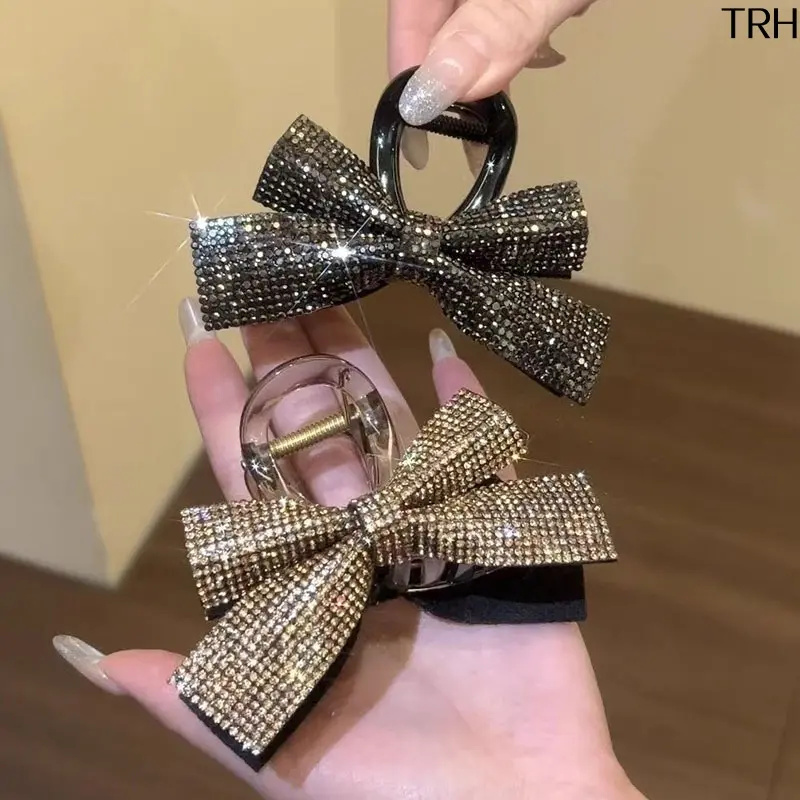 Decorative Boutique Bow Hair Clip with Sparkling Crystals, Elegant Rhinestone Jaw Barrette for Women, Korean Style Ponytail Holder, Back Bun, Double-Sided, Korean Luxe, Bow Pattern, Full Rhinestone, Stylish Accessories, Bling Hair Fashion, Bejeweled Hair