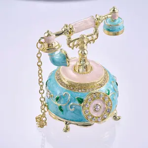 Vintage Enamel Antique Telephone Jewelry Box – Mini Metal Storage Gift Ornament
