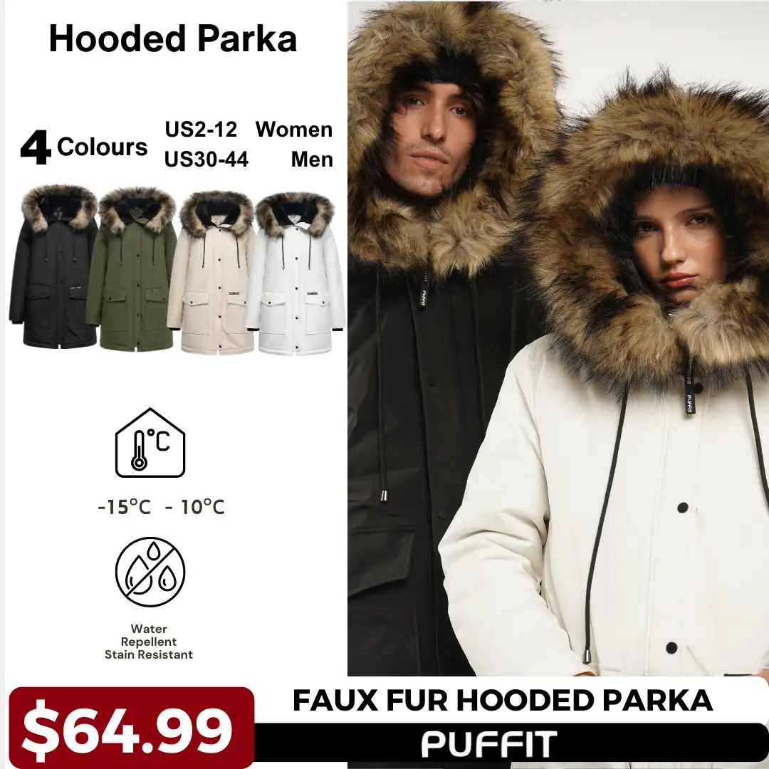 PUFFIT Unisex Faux Fur Mid-Length Hooded Parka With Large Pockets Unisex Coats, Winter Warm Basic Long Sleeve Women's and Men‘s Tops Menswear Jackets