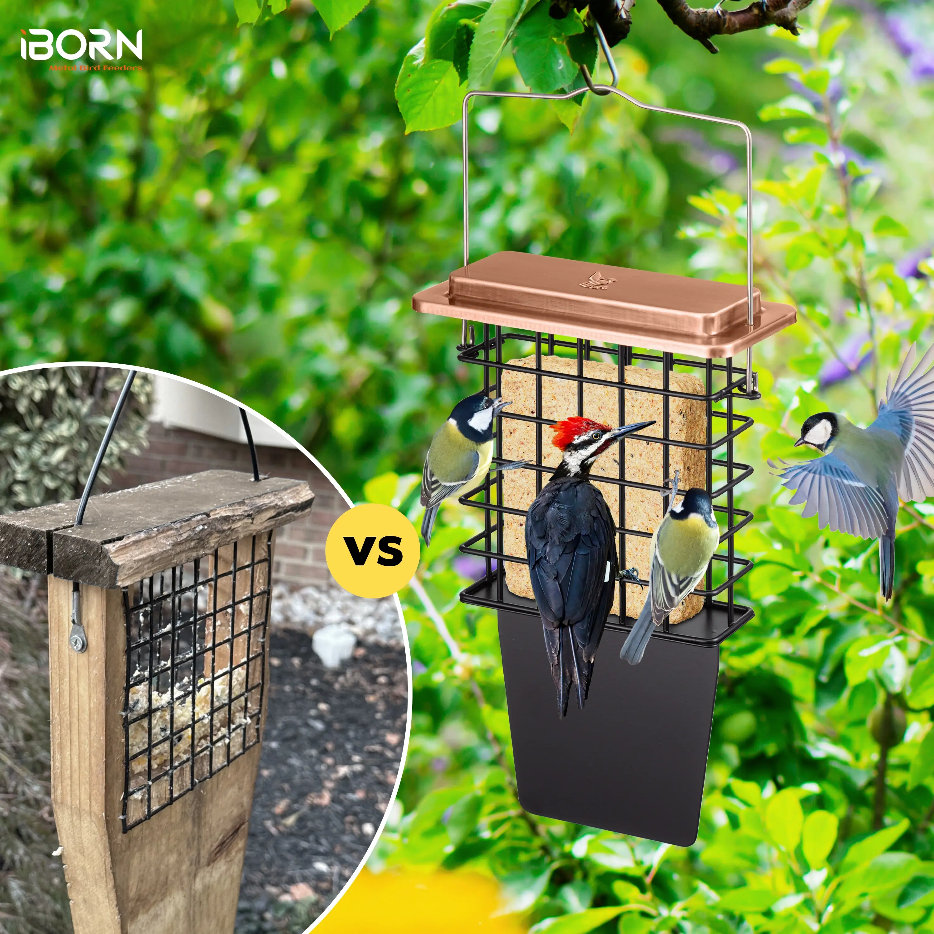 iBorn Metal Suet Feeder with Tail Prop - Heavy-Duty Outdoor Hanging Bird Feeder, Easy Clean & Refill for Woodpeckers