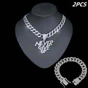Mens Cuban Link Chain Bracelet Set Iced Out Letter Pendant Never Give Up Hip Hop Jewelry Punk Style Bling Diamond Pave Initial Pendant Stainless Steel Gold Silver Statement Jewelry Christmas Gift for Men