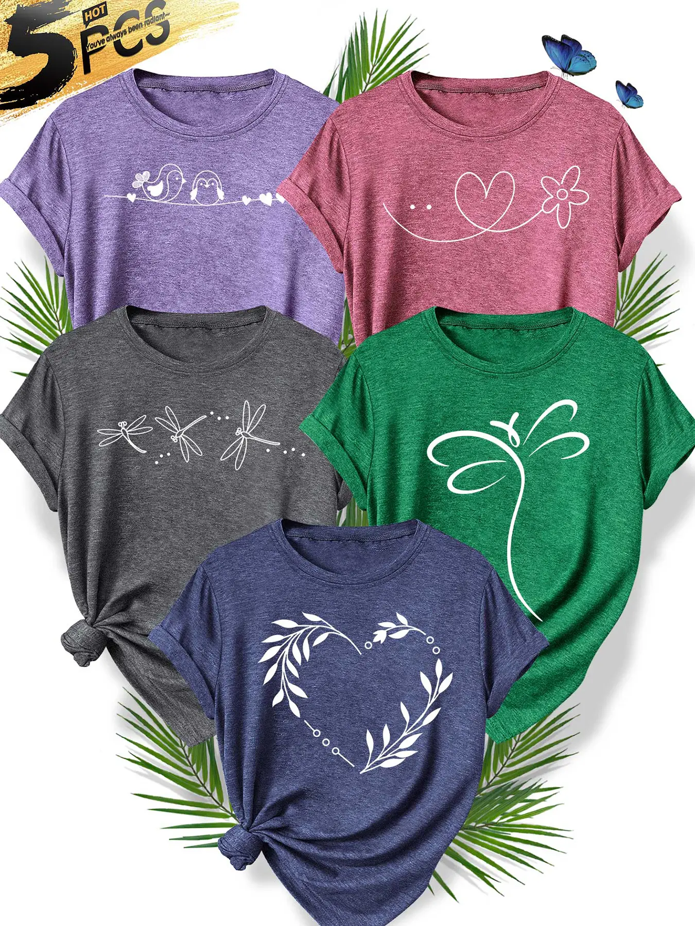 Women's 5Pcs Crew Neck T-Shirt, Aesthetic Graphic Tee, Leaf Wreath Bird & Heart Dragonfly Combo Print, Multiple Colors Available, Machine Washable, Spring & Summer Casual Tops, Soft Skin-Friendly Fabric, Versatile