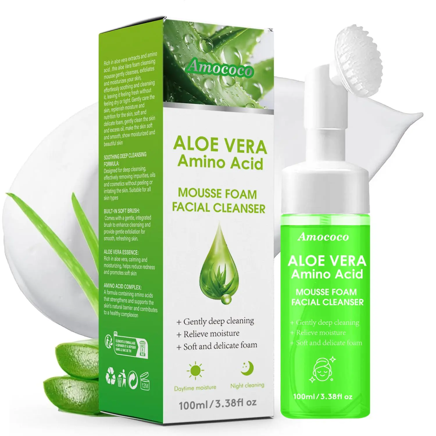 Aloe Vera Amino Acid Mousse Foam Facial - Foaming Face with Brush,  Hydrating & -Softening, 3.38 fl