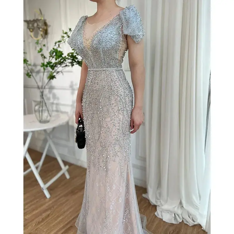 Elegant in Grey: 2025 Mermaid Evening Gown with O-Neck, Luxury Beading, and Short Length - Perfect for Women's Parties