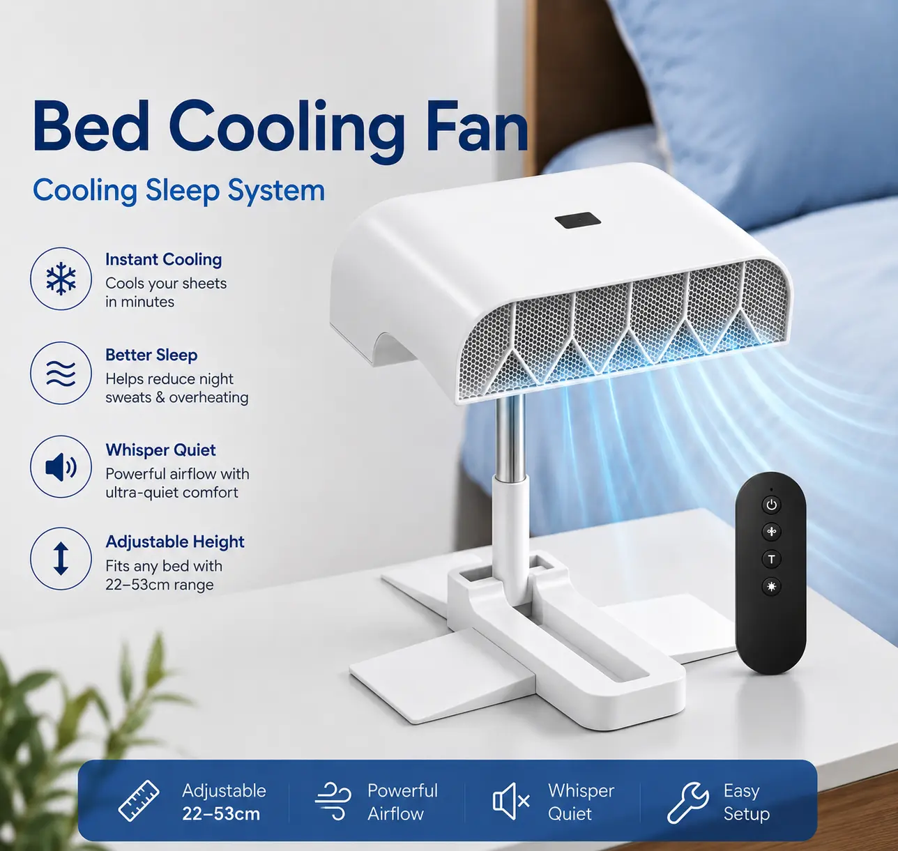 Bed Cooling Fan - Instant Cooling, Whisper Quiet, Adjustable Height, Powerful Airflow, Easy Setup, Better Sleep System