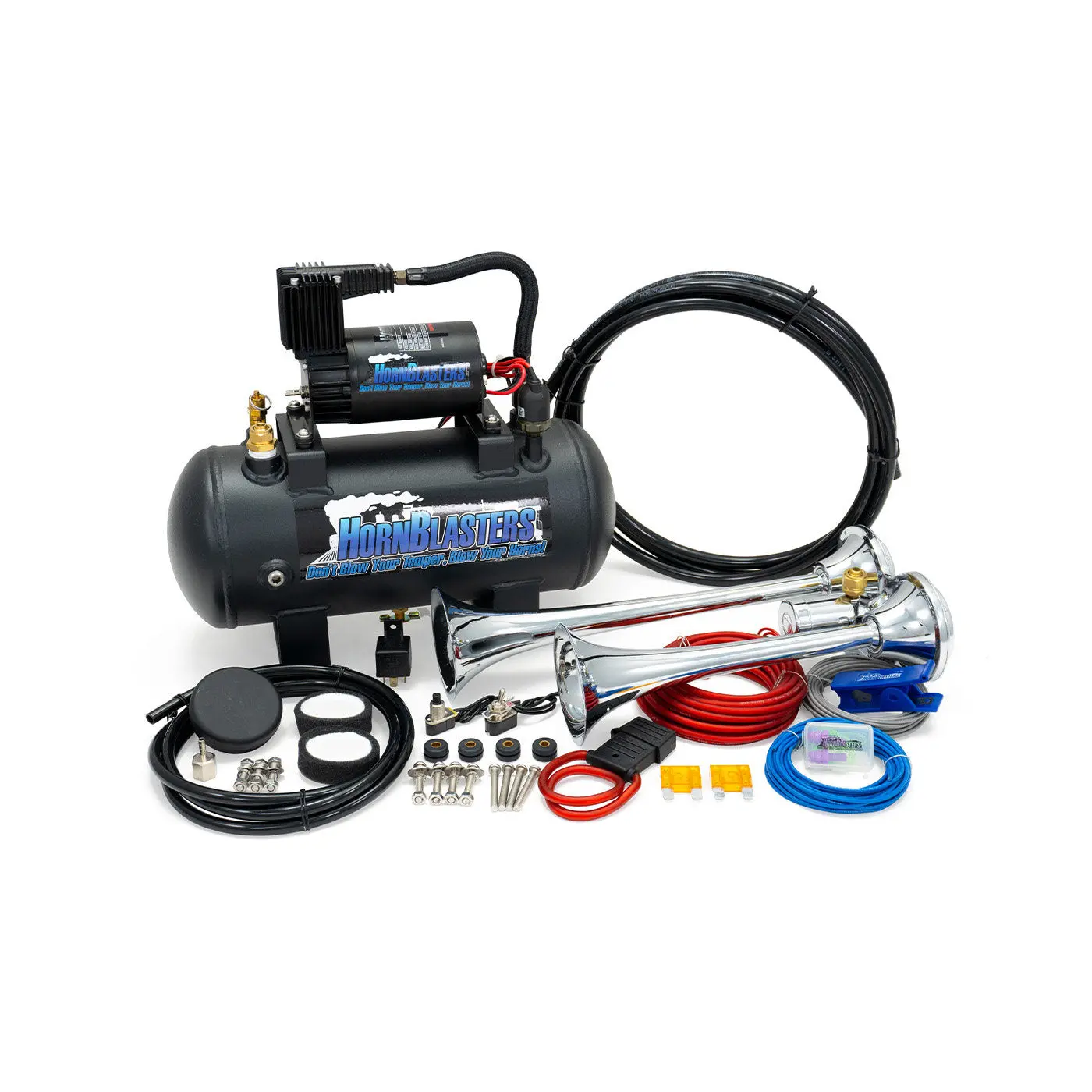 HornBlasters PsychoBlasters 127H Air Horn Kit - Dual-Chime Chrome Horn | 12-Volt, Pre-Plumbed with 1/4" Air Valve, 6 Seconds Continuous Blast, Quick Recovery - Automotive