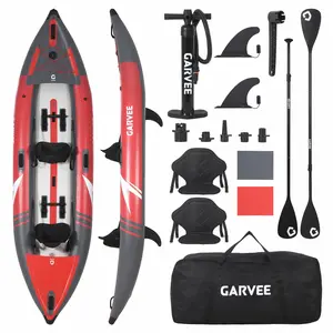 Two-person inflatable kayak, compact design—made of durable PVC mesh fabric—lightweight and portable—comes with an integrated paddle—ideal for all kinds of water sports—rust and gray