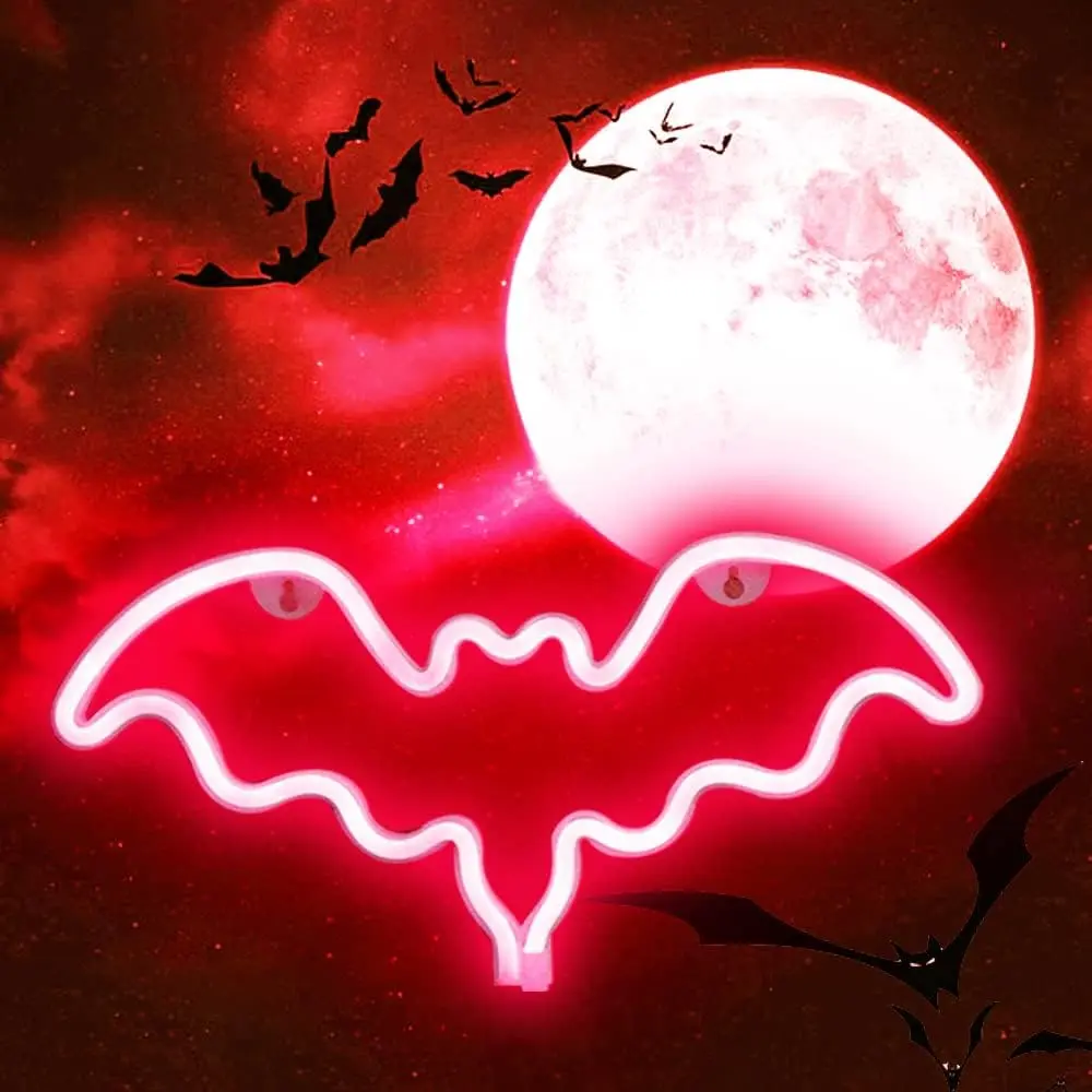 Red LED Neon Bat Artwork Nightlight - Battery-Operated Desk Lamp, Blue Light-Free Mood Lighting, Cute Setup Batteries-Powered Novelty Light, Special Gift for Daughter, Nursery Room Decor