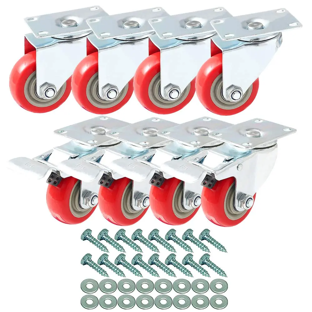 8 Pack 3 Inch Combo Caster Swivel Plate 4 w/ & 4 Plate Heavy Duty on Red PU Wheels with Heavy Duty Screws