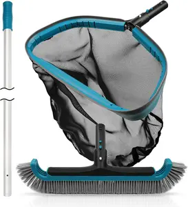Swimming Pool Cleaning Kit - Aluminum Frame Skimmer Net with 10Ft Adjustable Pole & 17.5” Pool Brush Head, Pools Maintenance Kits for Inground & Above Ground Swimming Pools, Removes Debris
