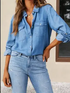 Women's Denim Shirt Autumn Casual Lapel Single Button Long Sleeve Blouse Jacket, Stylish Women's Outerwear for Daily Wear