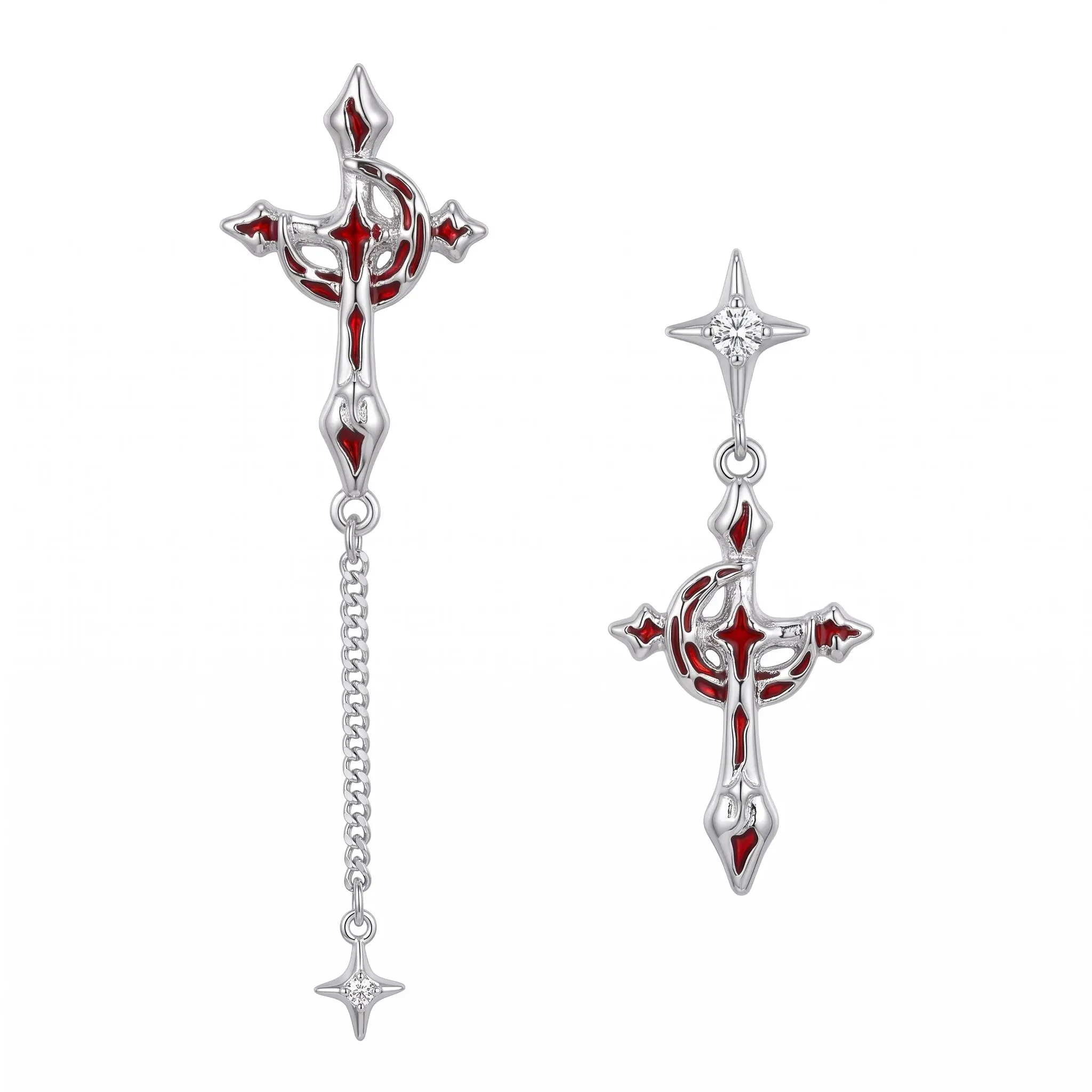 Gothic Punk Asymmetrical Red Cross Earrings Set - Stud Earrings with Red Zircon, Star Charm for Women's Edgy Costume Jewelry