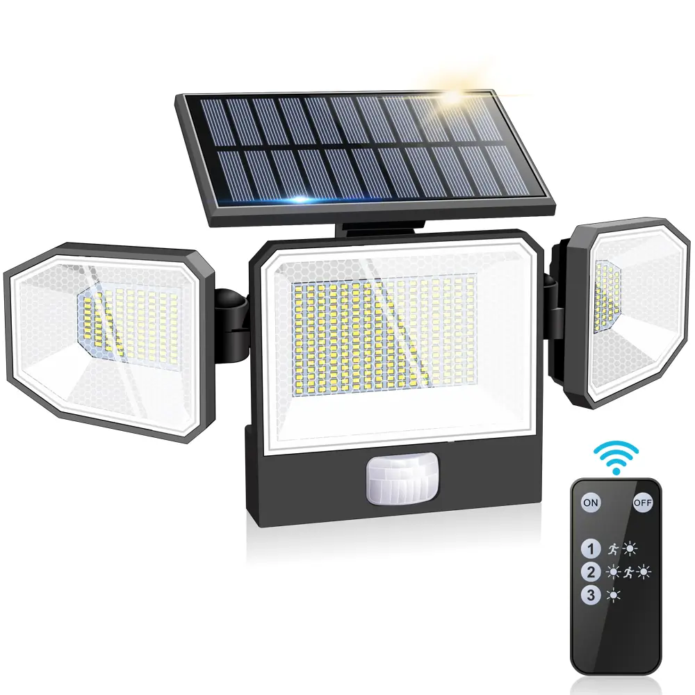Solar Outdoor Lights 440LED Security Lights with Remote Control,IP65 Waterproof 3 Heads Motion Sensor Lights,300° Wide Angle Flood Wall Lights with 3
