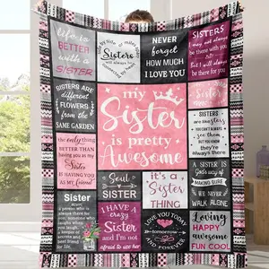 Sisters Letter Pattern Flannel Fleece Blanket with Storage Bag, 1 Count Soft Comfortable Throw Blanket, Cozy Room Accessories Warm Napping Love Blanket for Home Office Travel Camping, Letter Print Blanket, Sister Blanket Gift, Lightweight Flannel Blanket