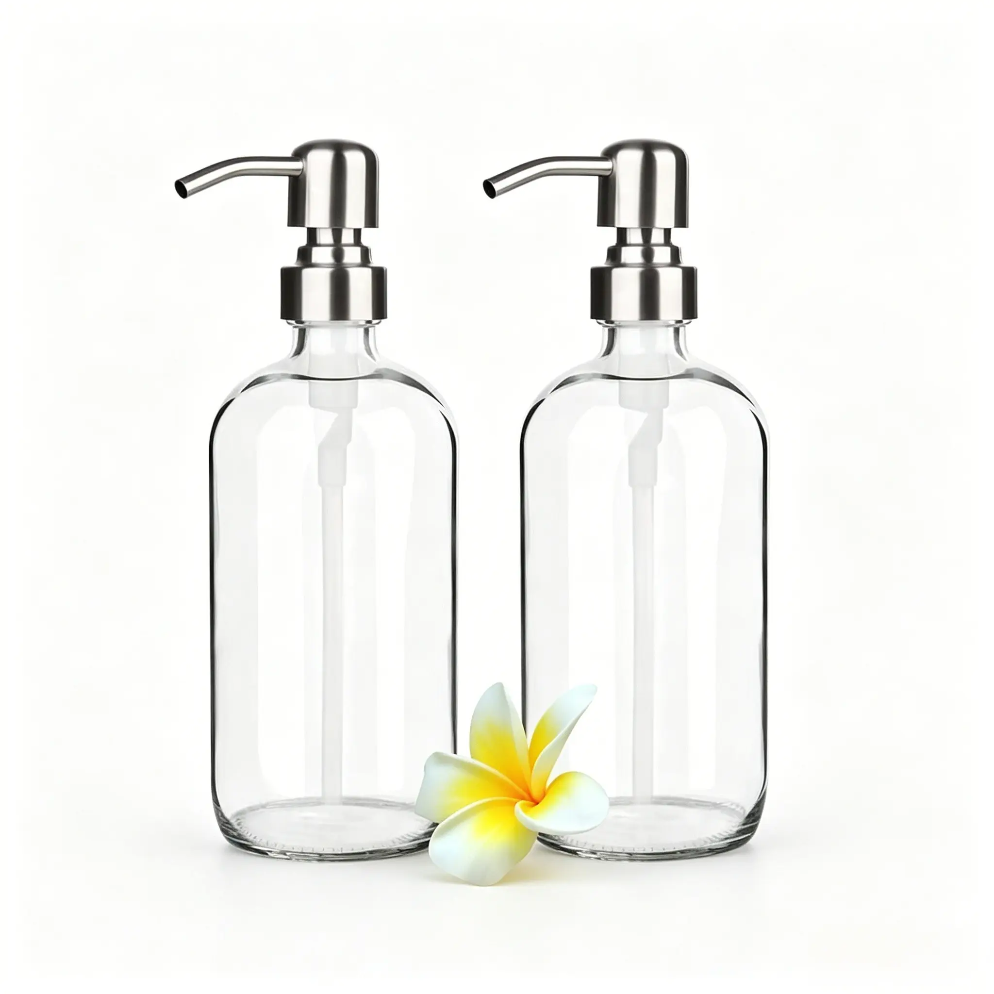 17 Ounce/ 500 ML Clear Glass Soap Dispenser with Stainless Steel Pump Refillable Liquid Hand Soap Dispenser Lotion Round Bottle Container for Kitchen, Bathroom, 2 Pack