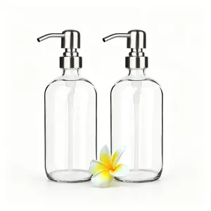 17 Ounce/ 500 ML Clear Glass Soap Dispenser with Stainless Steel Pump Refillable Liquid Hand Soap Dispenser Lotion Round Bottle Container for Kitchen, Bathroom, 2 Pack
