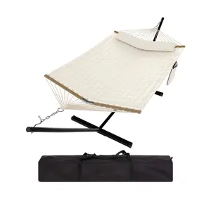 Heavy Duty 2-Person Outdoor Hammock with 12FT Metal Stand – 450lb Capacity, Weather-Resistant Quilted Polyester, Hardwood Spreader Bar, Portable with Carry Bag for Patio, Garden, Beach – Strip/Dark Gray/Beige