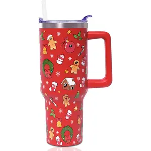 40 oz Christmas Tumbler with Handle and Straw, Stainless Steel Insulated Gingerbread Man Tumbler 40 oz, Reusable Gingerbread House Cup with Leak Proof Lid, Christmas Gifts for Women