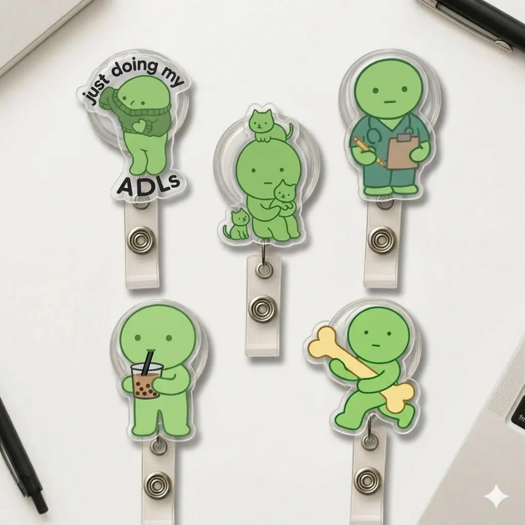 Funny Smiskii Inspired ADLs Assistant Boba Bone Cats Sparkly Retractable Badge Reel Cute Anatomy Acrylic ID Holder For OT Nurse Gift