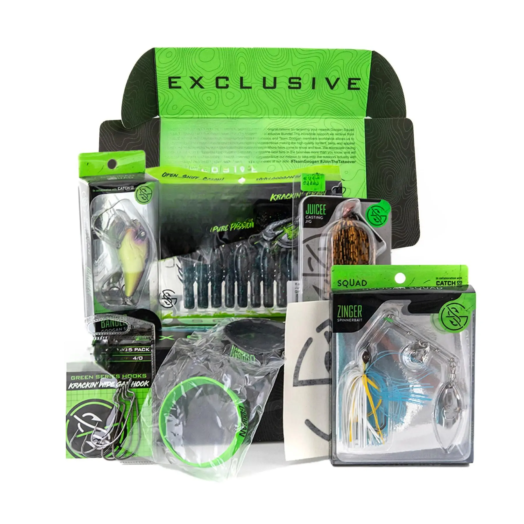 Googan Squad Mondo Kit Green Series - Mystery Tackle Box Bass Fishing with Comprehensive Lures Set for Largemouth and Smallmouth Lure Includes Banger  Zinger Juicee Jig & Krackin' Craw