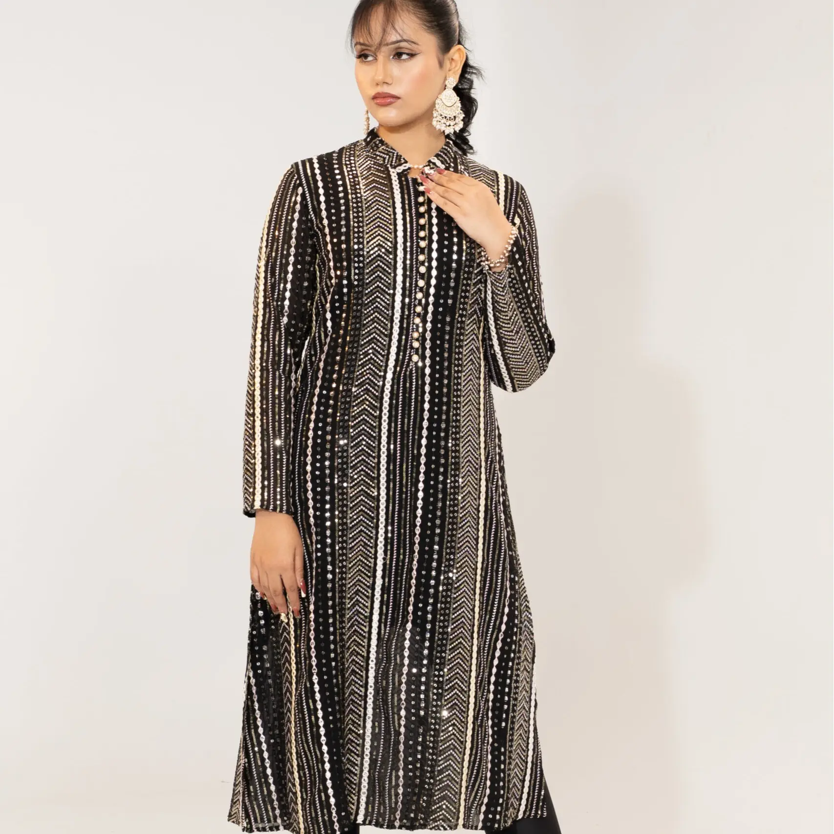 Black & Gold Sequined Kurta for Women Elegant A-Line Dress with Long Sleeves & High Collar Perfect for Parties & Formal Events Comfortable Fabric Blend Small Size - Outfit